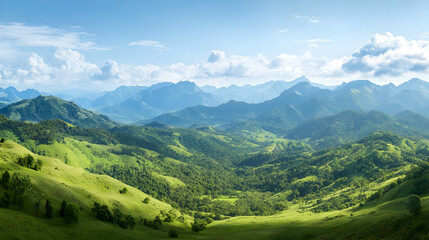 Obraz premium Panoramic View Of Lush Green Mountain Ranges Under Sunny Sky