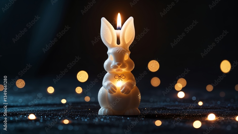 Poster candle shaped like a rabbit illuminates a dark setting with warm light and soft bokeh in the evening