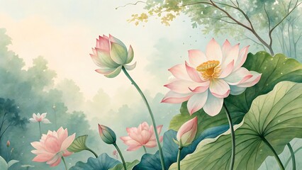 Watercolor Lotus Flower Painting: Serene Art Print Featuring Pink & White Blooms and Lush Greenery for Tranquil Home Decor..
