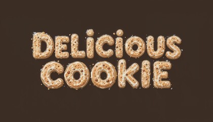 Illustrated text saying "Delicious Cookie" with a cookie texture, appealing dessert design, copy space