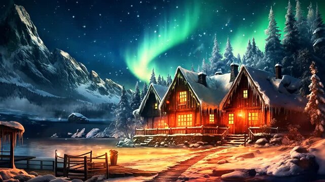Winterliche Holzh&uuml;tte in verschneiter Landschaft unter Polarlichtern