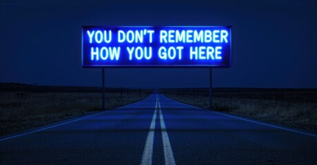 Neon you don t remember how you got here sign glowing faintly in deep blue above unfamiliar road deep navy and muted silver symbolizing sudden awareness