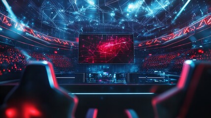 Futuristic Esports Arena Digital Stage Red Blue Neon Lights Gaming Tournament Championship Cyberpunk Style Modern Technology Broadcast Studio         