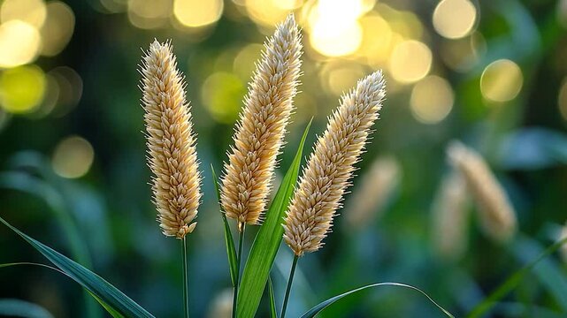 Close-up of golden grass spikes swaying gently in a sunlit field
