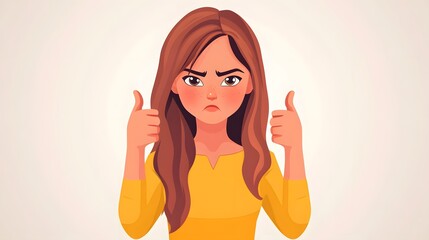 Professional woman expressing frustration with thumbs down gesture in disbelief