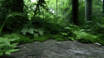 Fototapeta premium Lush green ferns and moss grow over a stone surface inside a bright glass greenhouse during the day.