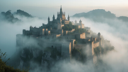 Fototapeta premium A majestic castle nestled in a mystical fog-shrouded mountaintop, an ethereal scene of ancient grandeur and serene beauty.