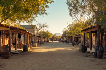 Obraz premium Old western village, Countryside cowboy village with wooden saloon and restaurant.