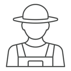 Farmer man in uniform with hat thin line icon, wheat production concept. Vector graphics. Human avatar of farm worker sign on white background, outline style icon for mobile or web design.