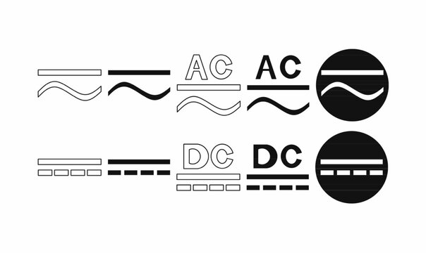collection of AC and DC electrical current symbols in outline, solid, and circular styles. Ideal for schematics, infographics, and engineering designs.