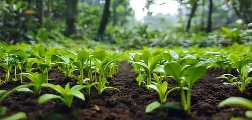 Forest moss landscape with vibrant green foliage growing