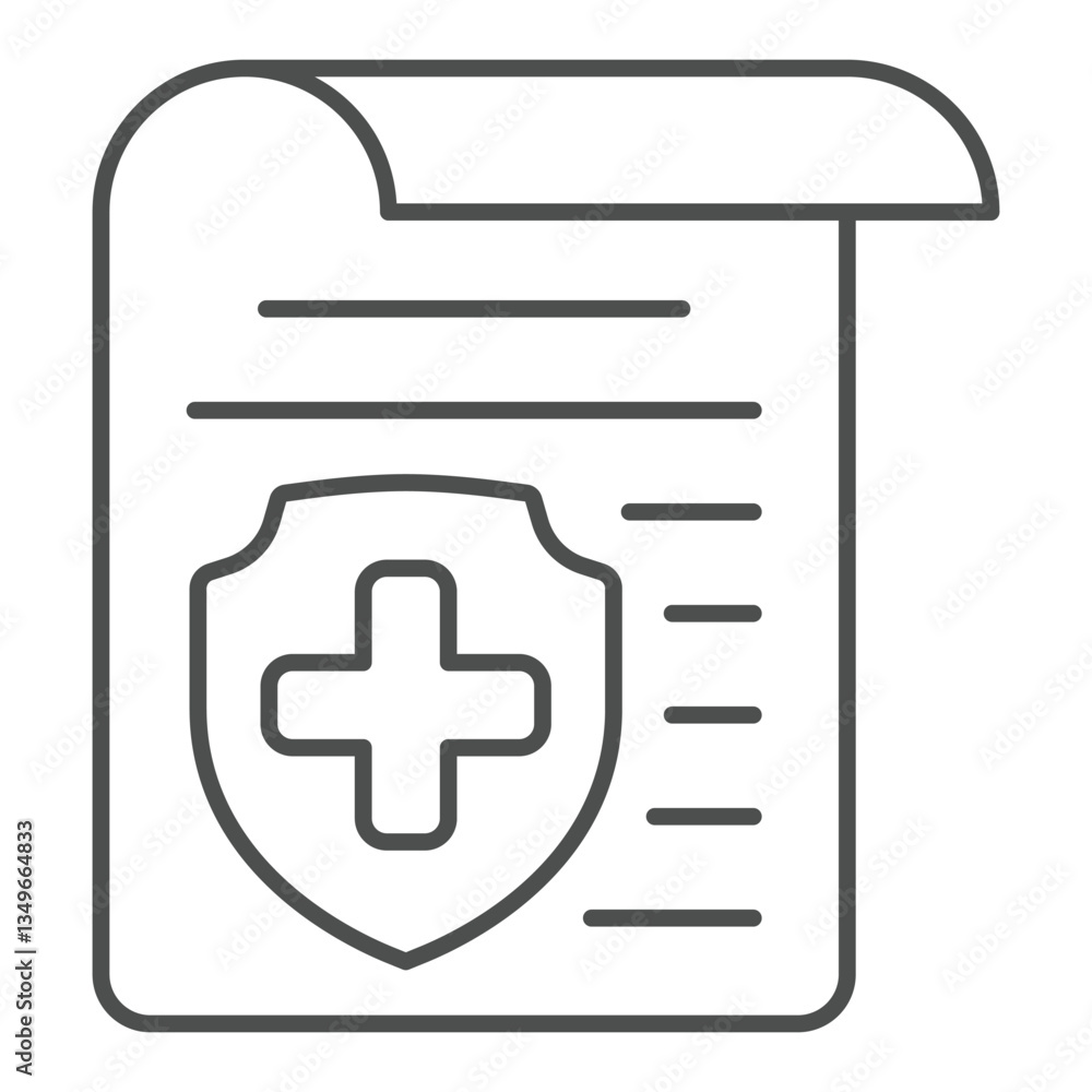 Poster document with shield and medical cross thin line icon, human rescue concept. vector graphics. sheet 