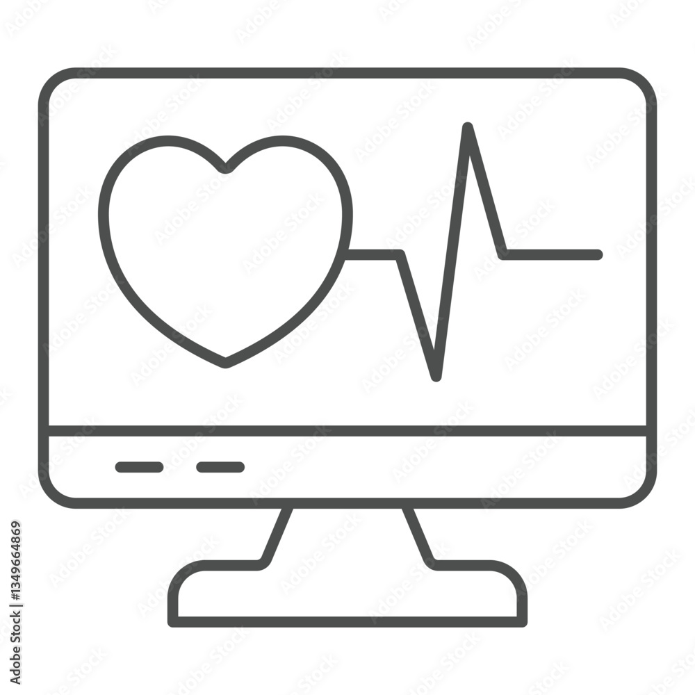 Poster monitor screen with cardiogram and heart thin line icon, human rescue concept. vector graphics. disp