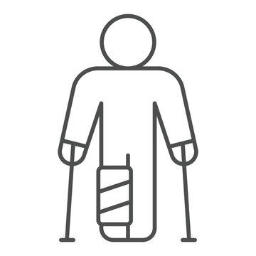 recommend clip art: Man with leg injury bandage thin line icon, human rescue concept. Vector graphics. Human on walking cane, help crutches sign on white background, outline style icon for mobile or web design.