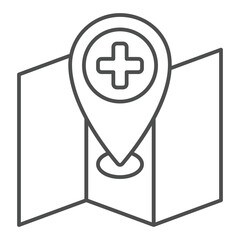 Obraz premium Map and location pin with medical cross thin line icon, human rescue concept. Vector graphics. Geo position, navigation sign on white background, outline style icon for mobile or web design.