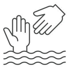 Rescuer hand help drowning man thin line icon, human rescue concept. Vector graphics. Water safety sign on white background, outline style icon for mobile or web design.