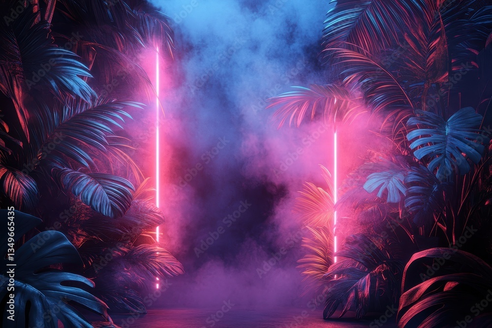 Aufkleber Neon foliage illuminated by colorful lights creates a vibrant atmosphere in an urban setting during nighttime hours