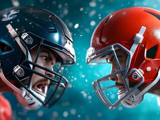 Fototapeta premium Two football players wearing opposing team helmets engaged in an intense moment of competition on the field showcasing the spirit determination and sportsmanship of the game