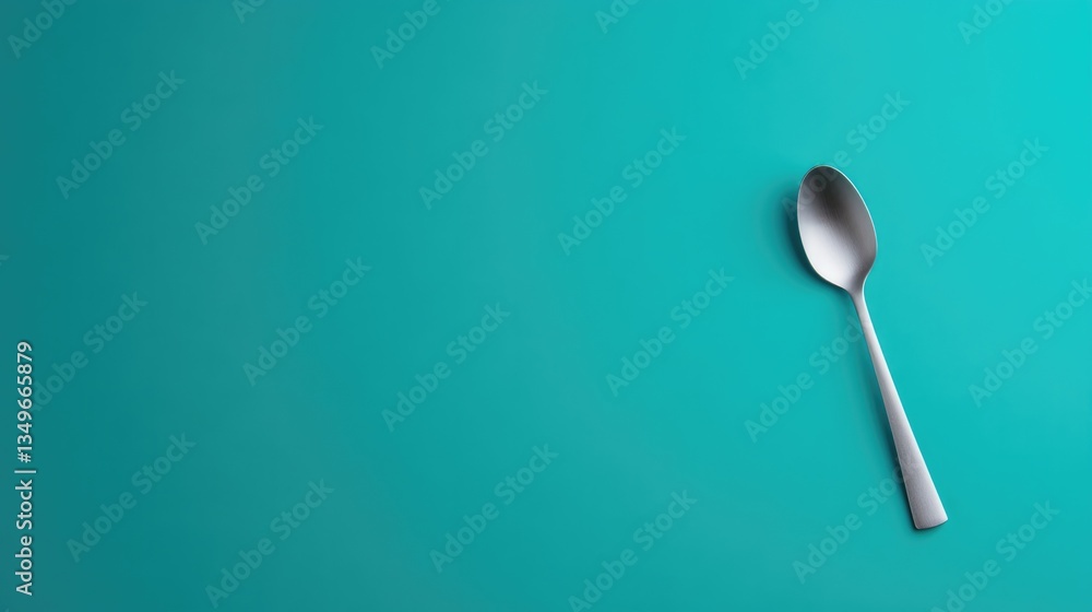 Poster bold minimalist design featuring empty plate with single spoon arranged geometrically with clean neg