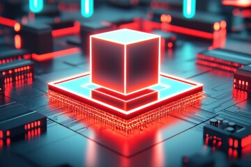 Futuristic technology background with glowing circuit board and central cube, high tech concept, abstract motherboard