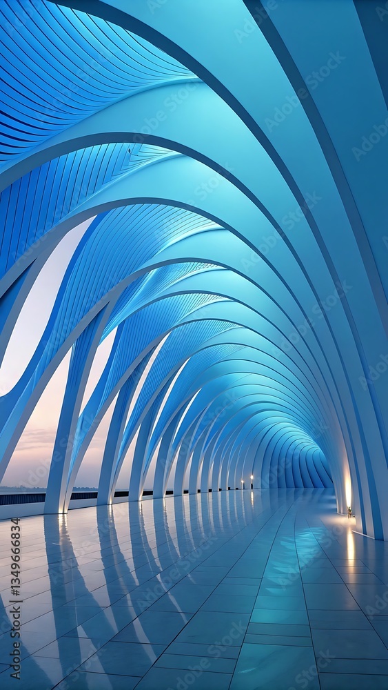 Poster abstract architectural structure with arches and light, reflective flooring creating a modern and se