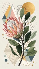 Obraz premium Watercolor Protea Flower Art Print: Abstract Geometric Design in Pastel Colors for Modern Home Decor - Shop Now!.
