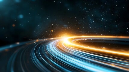 Vibrant streaks of light pierce the infinite blackness of space as a spacecraft or celestial object hurtles through the expanse of a distant luminous galaxy