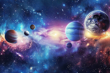 A galaxy with planets in space, concept: space, galaxy, planets,