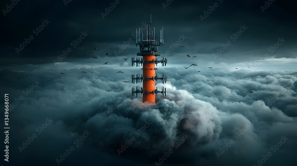Poster a towering communication structure a matrix of antennas reaching towards the heavens contrasted by a