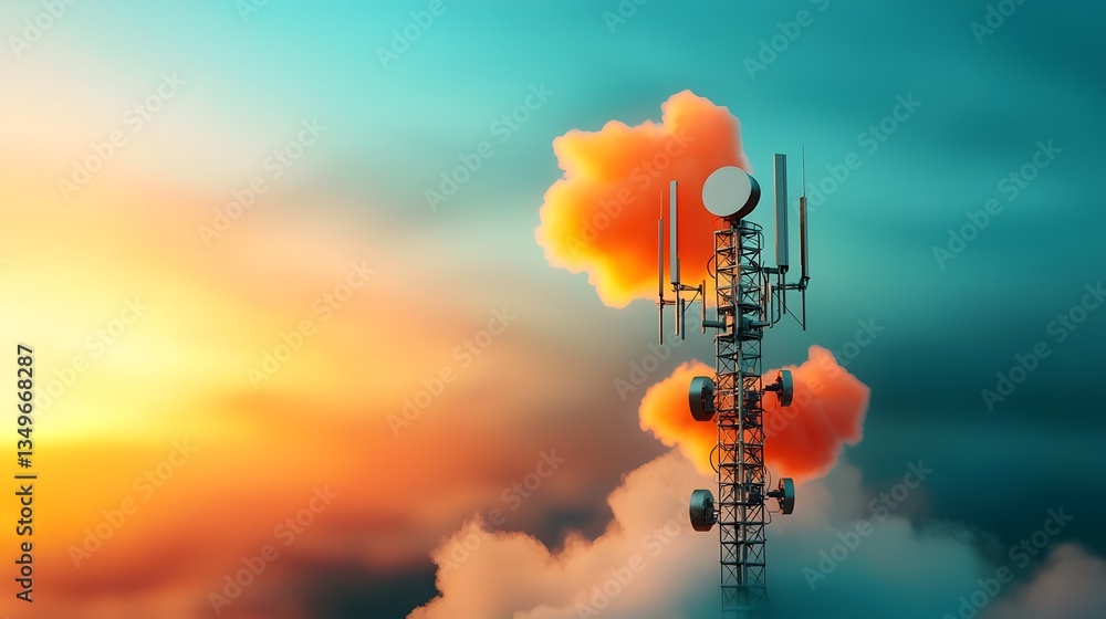 Poster array of antennas and transmitters beaming data through the air set against a vivid gradient sky rad