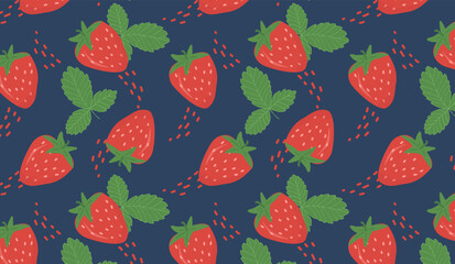 Pattern with strawberries on a dark blue background. Seamless background with red strawberries and green leaves. Vector illustration for print, web and design.