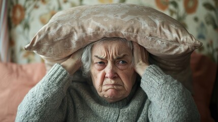 Annoyed senior woman holding pillow over head in living room