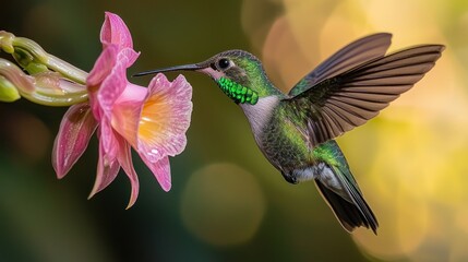 Hummingbird in flight, feeding on pink orchid flower, vibrant bokeh background