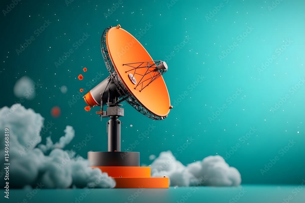 Poster colossal satellite dish and broadcasting tower standing amidst a mesmerizing cosmic backdrop with ch