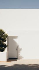 Minimalist white house with a simple white door, clean lines, and modern landscaping under a bright clear blue sky