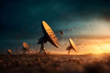 Colossal sprawling antenna farm against a dramatic iridescent sky dense of satellite dishes and signal receivers gleaming metallic framework pulsating energy and electromagnetic interference ethereal