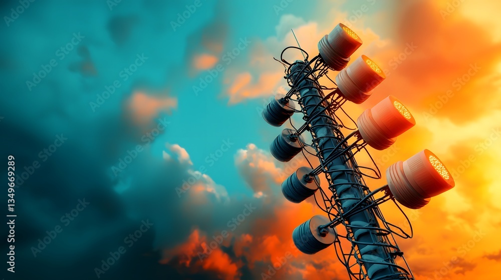 Poster dramatic antenna array structures reaching high into the sky glowing with energy and contrasting aga