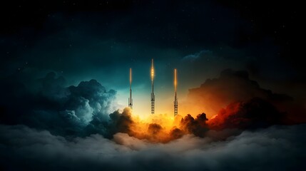 Dramatic and visionary depiction of a futuristic rocket launch amid vibrant cosmic celestial phenomena ethereal cloud formations