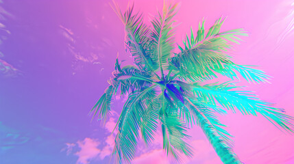 Tropical palm trees with a dreamy purple and pink sunset, exotic beach landscape creating a relaxing and vacation-inspired aesthetic.