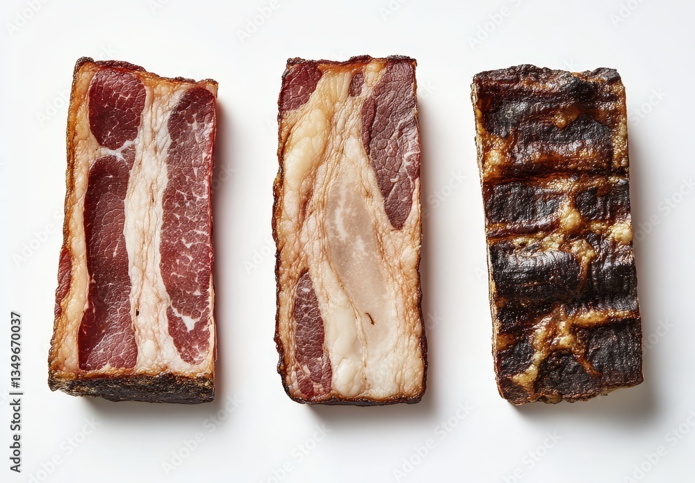 Poster freshly cured meats displayed artfully in a triangular arrangement on a white surface, highlighting 