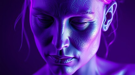 Mystical Portrait: A close-up shot of a woman's face bathed in the ethereal glow of violet light. Capturing a sense of introspection and mystery