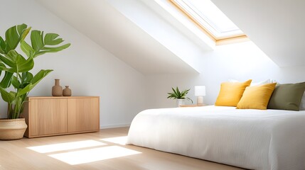 Fototapeta premium Spacious and well lit bedroom with a modern minimalist design featuring wooden furniture potted plants and an abundance of natural light from the skylight