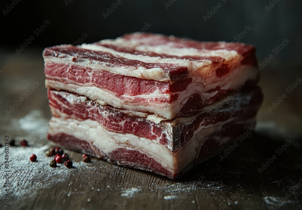 Poster freshly cut bacon stack with striking layers on rustic background in natural light ideal for culinar