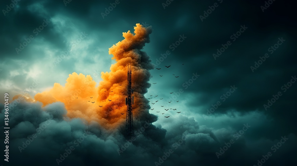 Poster futuristic array of sleek angular metallic communications towers and antennas reaching towards the h