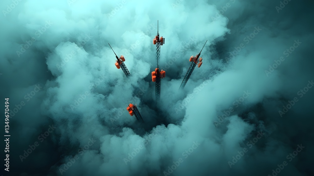 Poster futuristic array of sleek and angular metallic high tech communications antennas reaching towards th