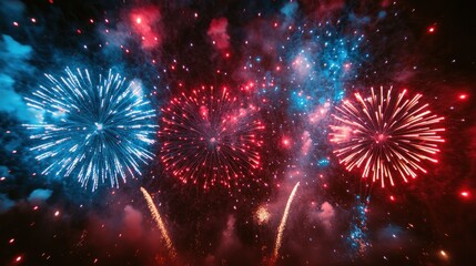 Spectacular fireworks display in vibrant red and blue colors against a dark night sky