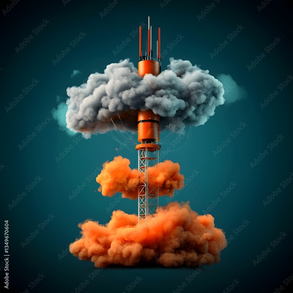 Poster futuristic communication hub with a retro inspired antenna array gleaming metallic framework and lat