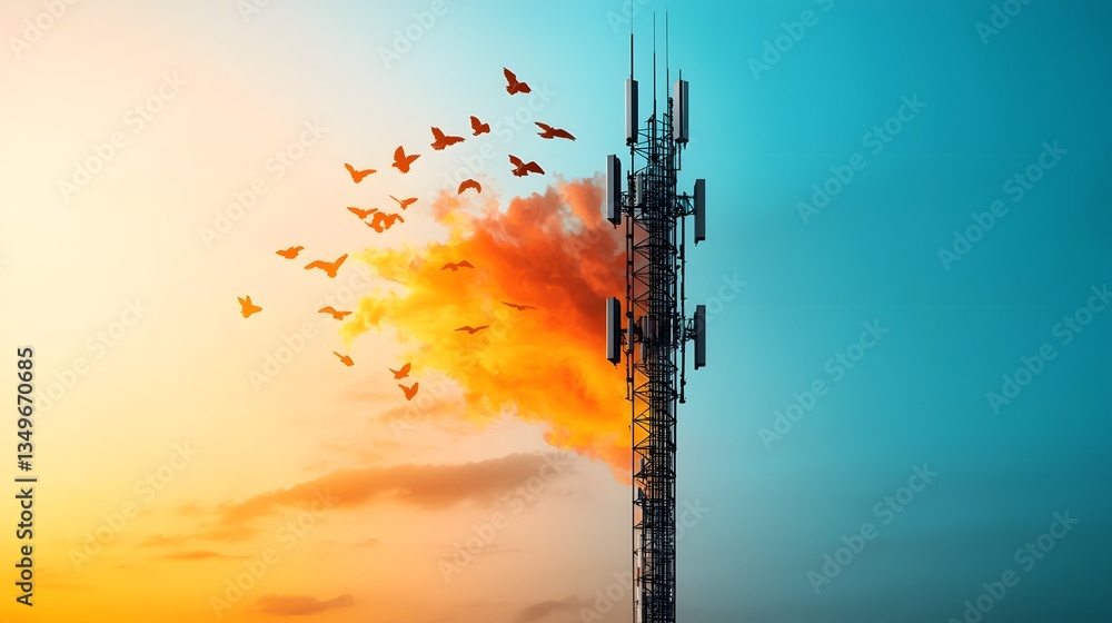 Poster futuristic communication tower with a cluster of antennas broadcasting radio waves across a vibrant 