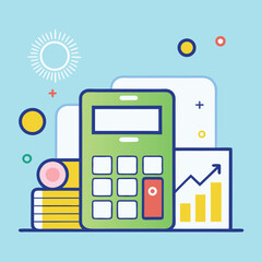 Financial Calculator with Coins and Chart Illustration, An illustration of a financial calculator surrounded by coins, graphs, and charts, symbolizing accounting, finance, and business.
