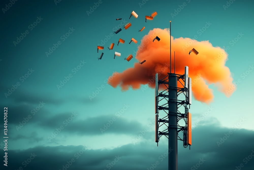 Poster futuristic geometric antenna network emitting pulsating data signals into a vivid surreal and sky th